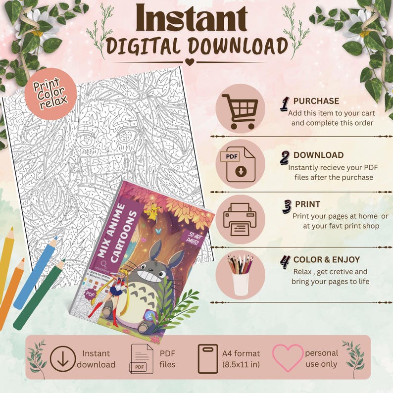 May include: A digital coloring book download featuring anime and cartoon characters. The page displays a line art illustration, a cover image with Totoro and Sailor Moon, and four steps for purchase, download, print, and color in 8.5x11 inch format.