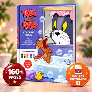 Könnte beinhalten: Ein Tom und Jerry Malbuch mit violettem Einband, das Tom zeigt, wie er durch ein Fenster auf Jerry in einem Schaumbad blickt. Der Einband enthält den Text Tom and Jerry, Coloring Book, Fun Scenes, Cute Moments, Timeless Characters, Color, Relax, Enjoy und Atelier Créatif. Zwei runde Abzeichen zeigen 160+ Pages und PDF Instant Download.