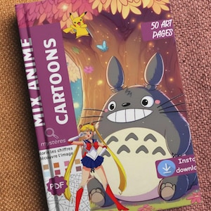 Puede incluir: Un libro para colorear titulado MIX ANIME CARTOONS con 50 páginas de arte. La portada muestra un gran personaje Totoro gris, un Pikachu amarillo y una figura de Sailor Moon. El texto incluye 50 ART PAGES, PDF e Insta download.