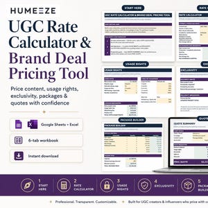 May include: A digital UGC Rate Calculator and Brand Deal Pricing Tool displayed on a screen, featuring six tabs including Start Here, Rate Calculator, Usage Rights, Exclusivity, Package Builder, and Quote Summary with purple and white branding.