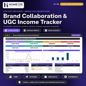 May include: A digital Brand Collaboration & UGC Income Tracker dashboard for Google Sheets and Excel. The interface displays financial metrics, including total contracted, paid, pending, and overdue income in CAD, alongside project pipelines, cash flow charts, and payment health tables.