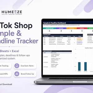 May include: A digital TikTok Shop Sample & Deadline Tracker for Google Sheets and Excel displayed on a laptop screen. The interface features a Sample & Deadline Dashboard with status tables, a quick action guide, and a bar chart for deadline status.