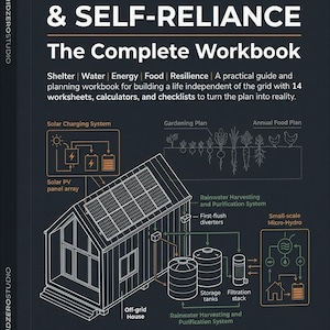 May include: A dark blue book titled Off-Grid Living & Self-Reliance: The Complete Workbook. The cover features white text and a detailed technical diagram in orange and white, illustrating an off-grid house with solar, water, and food systems.
