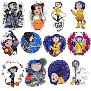 May include: A collection of twelve digital illustrations featuring a blue-haired character in a yellow raincoat, a black cat, buttons, spiderwebs, and keys. The artwork includes scenes with a house, a tunnel, and text reading Welcome home and Be wise, be brave, be tricky.