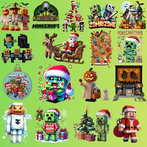 May include: A collection of Minecraft-themed holiday stickers featuring blocky characters in festive attire, including Santa, reindeer, pumpkins, and Christmas trees. The designs incorporate pixelated elements, holiday gifts, and text like MINECRAFT and ZOMBIE ZONE.