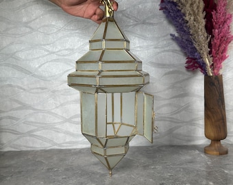 Moroccan Brass and Glass Pendant Light, Handmade Geometric Hanging Lantern, Entryway and Dining Room Lighting