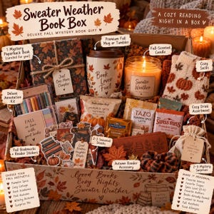 以下が含まれることがあります： ミステリーペーパーバック本、Book Lover Fuelと書かれたマグカップ、Sweater Weatherキャンドル、カボチャ柄の靴下、注釈用文房具、しおり、ステッカー、スナック、ホットココアミックス、シュシュが入ったギフトボックス。秋の葉の装飾が施されています。