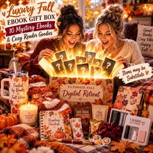 May include: A gift box labeled Ultimate Fall Digital Retreat containing 10 mystery ebooks, a tumbler with the text Fueled by Books & Fall Vibes, a candle, a reading challenge notebook, hot cocoa accessories, and e-reader accessories.