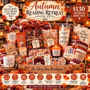 May include: An Autumn Reading Retreat book box containing two mystery books, a cozy blanket, a tumbler with the text Fueled by Books and Fall Vibes, a candle, cozy socks, a tote bag, snacks, and stationery items decorated with autumn leaves.