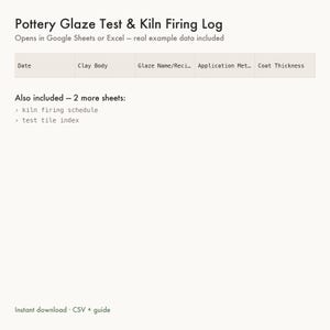 Peut inclure: Un modèle de feuille de calcul numérique pour le test d'émaillage de poterie et le journal de cuisson au four. L'en-tête comprend des colonnes pour la date, le type d'argile, le nom de l'émail, la méthode d'application et l'épaisseur.