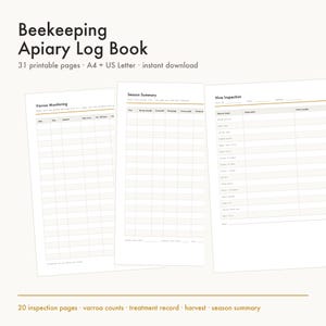 Puede incluir: Un libro de registro de apicultura con 31 páginas imprimibles en tamaños A4 y US Letter. El documento incluye secciones para el monitoreo de Varroa, resumen de temporada e inspección de colmenas con tablas para registrar datos.