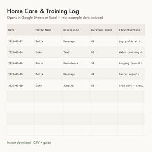 馬の世話記録スプレッドシート | 馬のトレーニング日誌と給餌記録 | 装蹄師、獣医、ワクチン接種トラッカー | Google スプレッドシート Excel