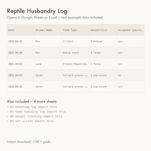 Reptile Husbandry Log Spreadsheet | Feeding Shedding and Weight Tracker | Temperature Humidity Record | Google Sheets Excel