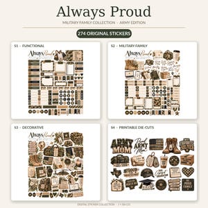 May include: A digital sticker collection titled Always Proud Military Family Collection Army Edition featuring 274 original stickers across four sheets. The designs include camouflage patterns, military boots, dog tags, flags, and text.