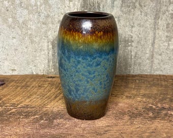 Vintage Ceramic Vase, Multi-color Studio Art Pottery, 1970s Planter, Boho Planter, Retro Planter, Blue-Amber-Brown Drip Glaze