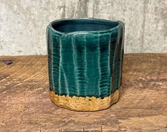 Vintage Teal Ribbed Ceramic Planter, MCM Pottery Vase, Barrel Planter, Boho Decor, Natural Decor, Teal Pottery Planter