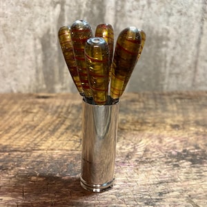 Pier One Glass Handle Cocktail Forks, MCM Appetizer Picks, Stainless Steel Holder