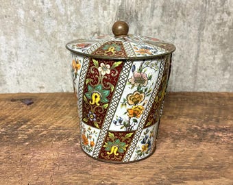 Vintage Tin, Lidded Tin, Floral Decor, Tin with Handle, Storage Can, Fruit Theme, Mid Century Tin, Farmhouse Kitchen, England Tin