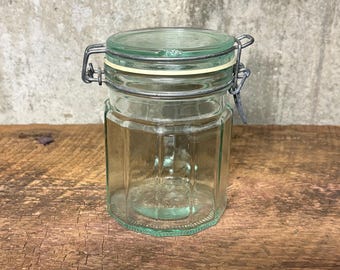 Vintage Hermetic, Green Glass Jar, Clamp Jar, Sealed Jar, Made in Italy, Wire Bale Clamp, Storage Jar, Vintage Hermetic