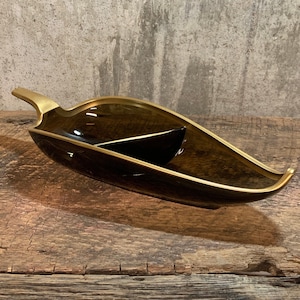 MCM Divided Glass Bowl, Gold Rimmed Bowl, Relish Bowl, MCM Serving Bowl, Divided Bowl, Brown Glass Dish, Retro Dining, MCM Decor