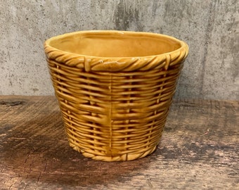 Ceramic Wicker Planter, Vintage Yellow Planter, Basket Ceramic Vase, Yellow Pottery, Basket Vase, MCM Planter, Ceramic Wicker, Glazed Vase