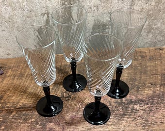 Vintage Onyx Swirl Cristal d'Arquies Black Stemmed Flute, Champagne Flutes, Made in France, MCM Barware, Vintage 1990s, Champagne Glass