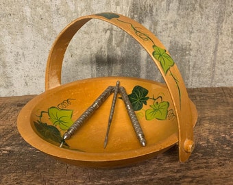 Painted Wood Nut Bowl with Handle, Vintage Nutcracker Set