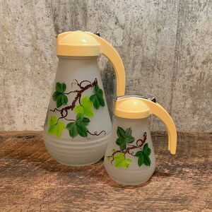 Frosted Hazel Atlas Pitchers, Batter Pitcher, Syrup Pitcher, Juice Carafe, Painted Pitcher, MCM Kitchen Pitchers,Breakfast Set,Painted Glass