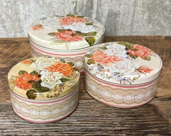 Tin Trio, Art Tin, Cookie Tin, Rose Tins, Stacking Tins, Storage Containers, Deorative Pink Tins, Lidded Can