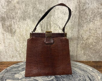 Vintage Brown Lizard Skin Handbag, 1950s Handbag, Brown Lizard Purse, Grace Kelly Style Handbag, Metal Clasp Purse, Leather Lined Purse