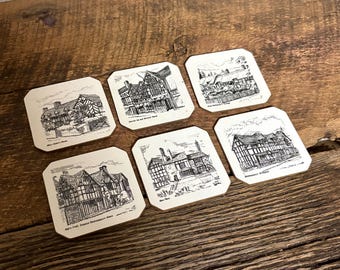 6 Shakespearean Drink Coasters, Black and White Coasters, England Coasters, Hardboard Coasters, Pen and Ink Drawings