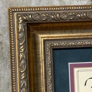 May include: Close-up of a framed artwork. The frame is a detailed gold colour with ornate carvings. The artwork has a dark green background with a burgundy border. The text "AND" is visible.