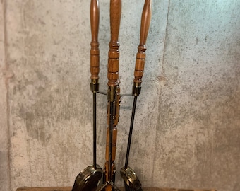 Mid Century Modern Wrought Iron Fireplace Tools with Wood Handles
