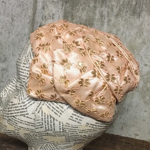 1960s Pink Satin Half Hat, Gold Netting, Vintage Cocktail Party