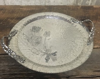 Bandeja Tulipán de Aluminio Martillado Rodney Kent 409, Plato para Servir con Asas, Decoración de Mediados de Siglo