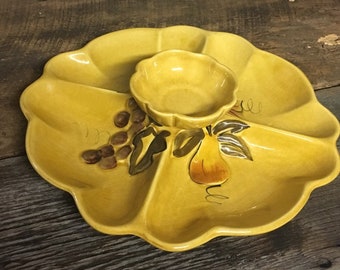 Vintage Los Angeles Potteries Chip and Dip Set, Harvest Gold Ceramic Platter