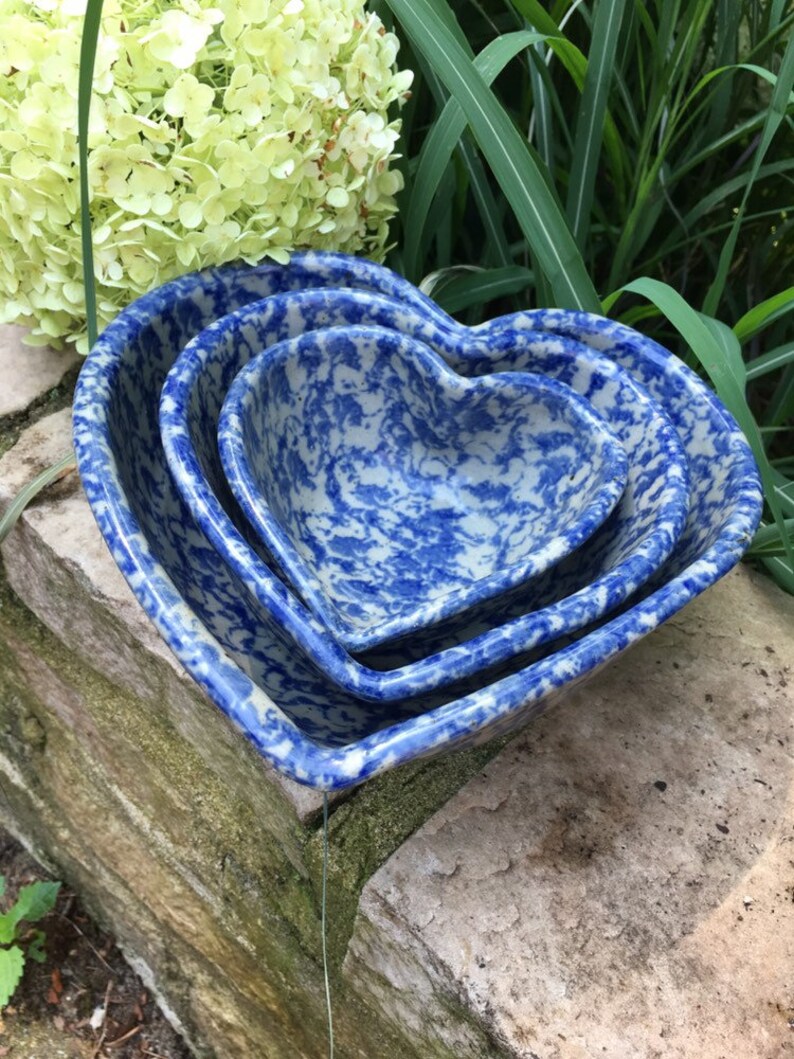 Heart Shaped Bowl Stacking Bowls Blue Sponge Glaze Blue Etsy