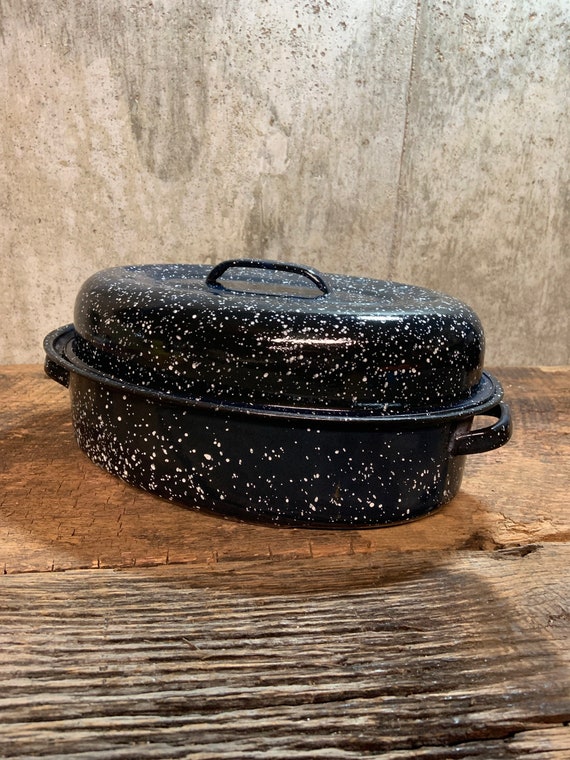 Vintage Large Turkey Roasting Pan Speckled Black Enamel Oval Roaster & Lid