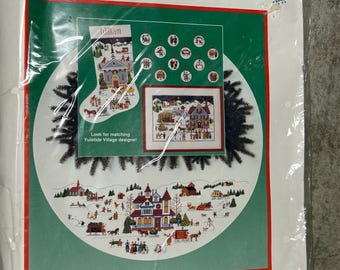 Vintage New 1991 Dimensions Cross Stitch Kit, Yuletide Village Tree Skirt, Christmas Tree Skirt, Christmas Decor, Christmas Craft