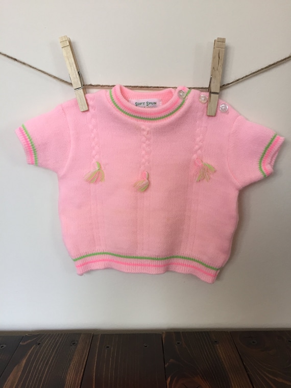 Vintage Baby Sweater, Pink Knit, Baby Girl Top, 1… - image 1