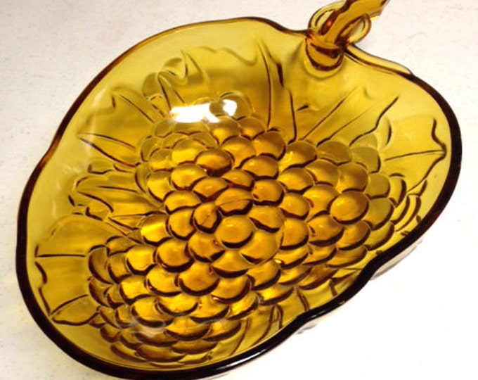 Amber Bowl, Grape Cluster Dish, Fruit Serving Bowl, Vintage Amber Glass
