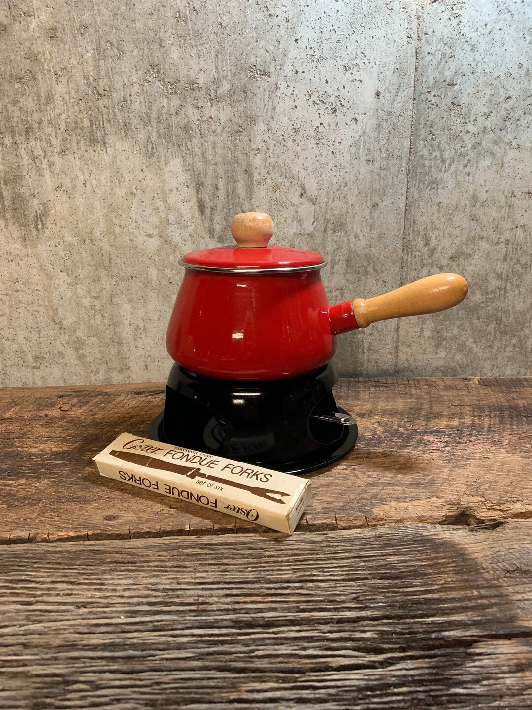 Retro Fondue Set, Cheese Fondue, Red Fondue Set, Vintage Enamelware