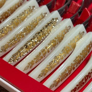 Vintage Stainless Cocktail Forks, Bakelite Handles, Gold Floral Accents