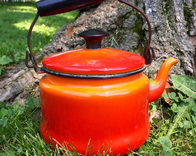 Vintage Tea Kettle Orange Teapot Enameled Pot Vintage Etsy