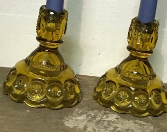 Vintage Amber Pressed Glass Candleholders, Retro Dining Decor