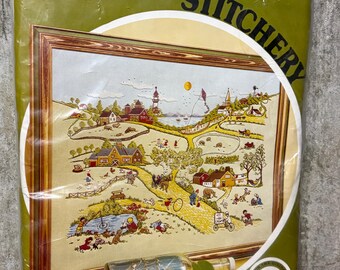 Vintage Paragon Needlecraft, “Summer Days” Crewel Kit, People Kids Town, Crewel Stitchery, New 1970s Crewel Kit 0712