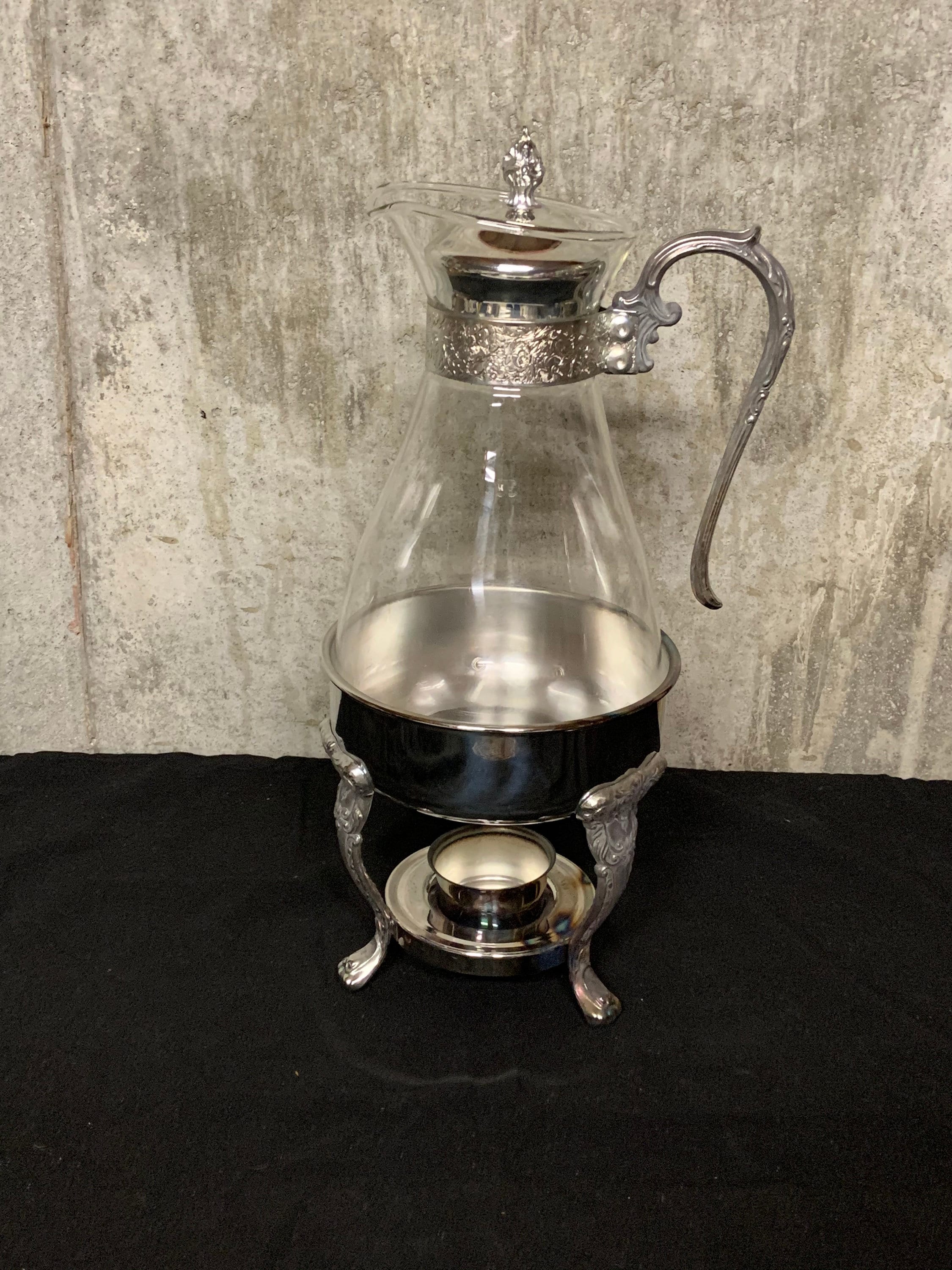 Vintage Silver Plate & Glass Coffee / Tea Carafe Pitcher With Warmer Stand