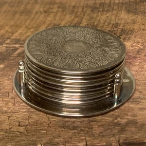 Metal Coasters, Coaster Caddy, Round Coasters, Drink Coaster Set, Coaster Set, 8 Coasters, Coaster Holder, Silver Plated Coasters