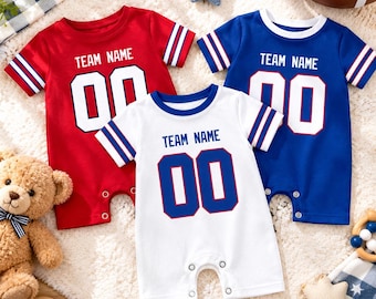 Custom Buffalo Football Baby Romper, Personalized Team Name, Baby Name & Number Bodysuit, Game Day Baby Outfit, Football Baby Gift