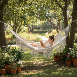 May include: A cream-colored woven hammock featuring decorative fringe along the bottom edge, suspended between two tree trunks. The hammock is constructed from durable fabric with a net-like pattern and includes wooden spreader bars at each end.